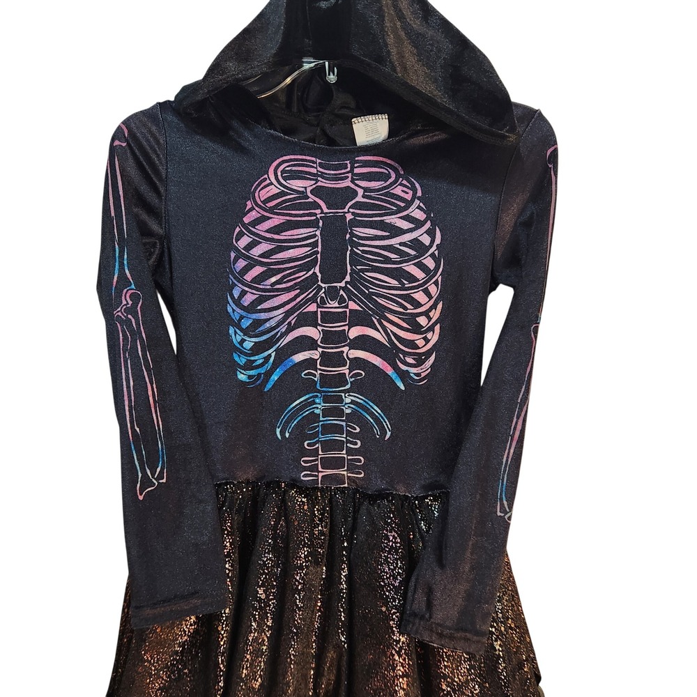 Skeleton Halloween Costume Dress Size 10-12 Black Sparkle Hooded Tutu Skirt